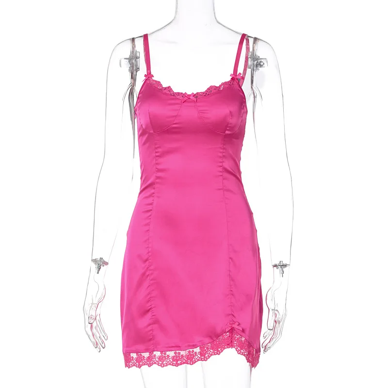 

Fashion Streetwear Outfits Clothes Plus A-line Dress Cute Y2K Aesthetics Women Summer Patchwork Pink Satin Lace Strap Mini Dress