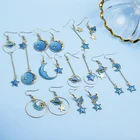 Серьги-клипсы в Корейском стиле женские, асимметричные серьги-клипсы с синей эмалью, звездой, луной, планетой, не проколотые, вечерние