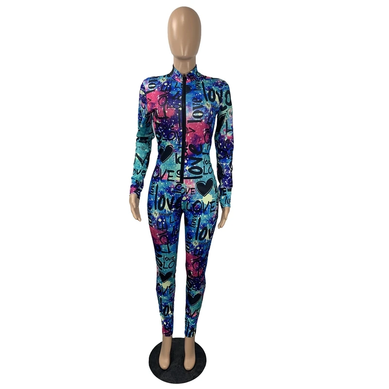 

Spring Sexy Women Jumpsuits Print Zip Full Sleeve Bodysuit One Piece Club Outfits Fashion Sportswear Streetwear Wholesale Items