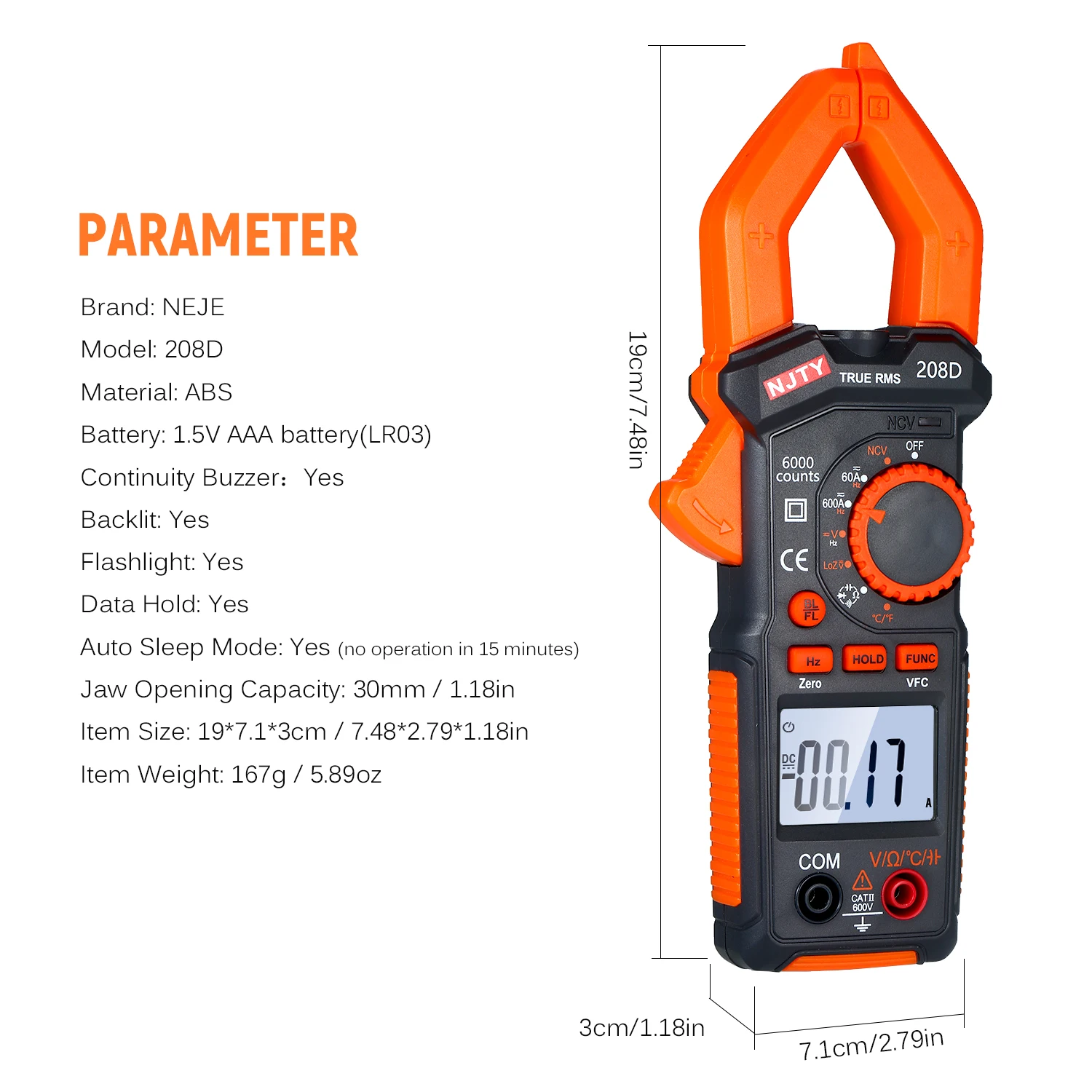 

NEJE 600A AC/DC Digital Clamp Meter Multimeter with Audible Continuity Beep True-RMS Diode/NCV/Voltage Clamp Meter Tester Meter