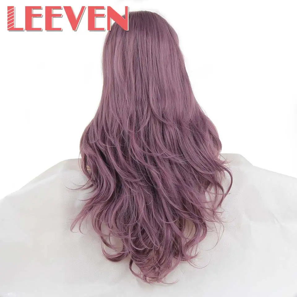 Фиолетовый Leeven 24 ''Розовый Оранжевый Фиолетовый парик фронта шнурка медный красный длинные волнистые синтетические парики с детскими волосами 613 блонд имбирный парик - Цвет: Фиолетовый