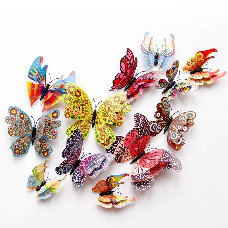 

12pcs/lot 3D Double Layer Decorative Butterfly for Bedroom Party Curtain Fake flower Craft Decor PVC Butterflies with Pin DC28