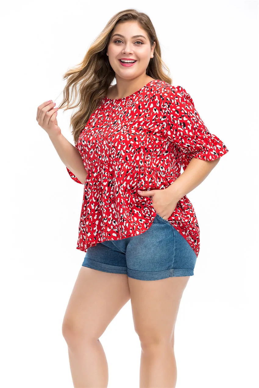 6XL размера плюс, женская летняя блузка с круглым вырезом, оборками, рукавом до локтя, леопардовая расцветка, Повседневная Блузка, рубашка, большой размер, Женская туника, топы