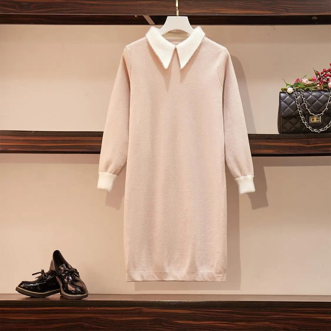 Размера плюс 4XL тонкая уплотненная на осень зиму Длинный свитер платье для женщин