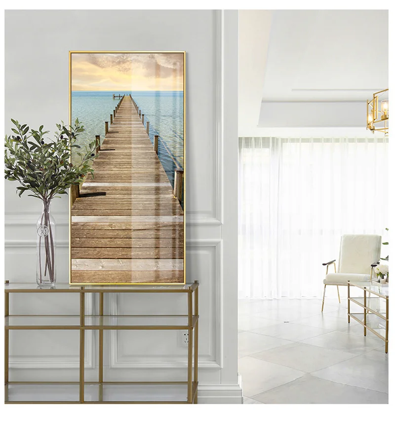 

Blue sky White cloud brown bridge and the Flying golden geeses wave water Landscape Canvas Paintings Wall Posters For Home Decor