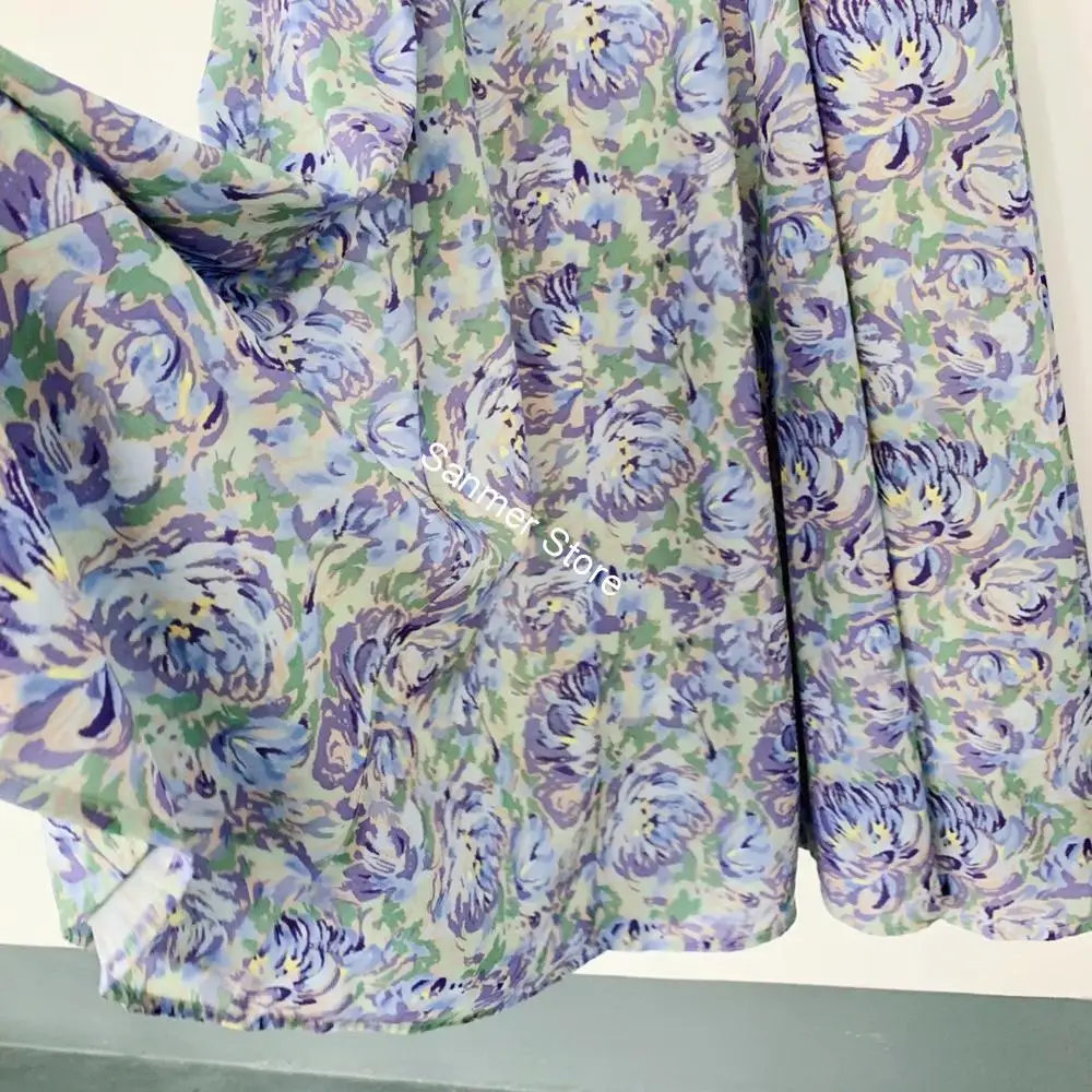 

Women Midi Dress Printed Floral Short Puff Sleeve Summer Square Collar High Waist Sweet Holiday Female Dresses New