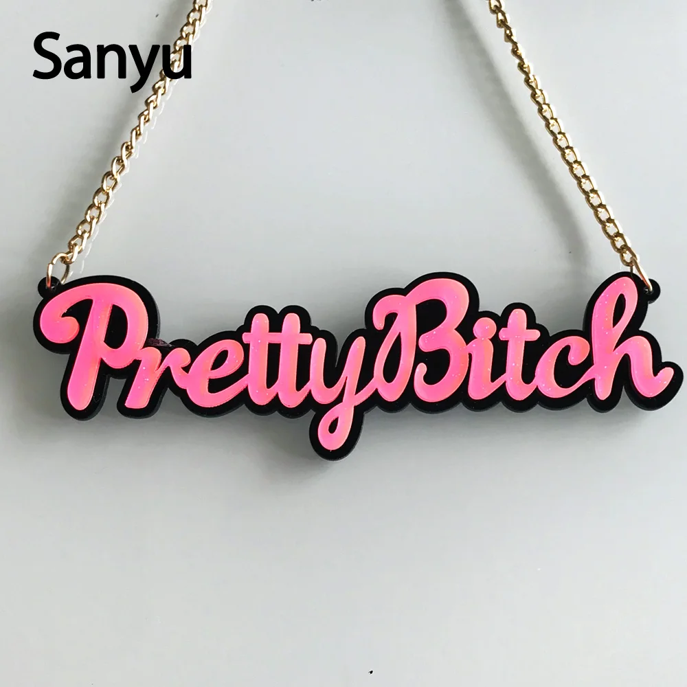 Hot Sale English Letter Hot Pink Pretty Bitch Acrylic Pendant Necklace With Glitter Powder Faahion Female Pendant Necklace 2019