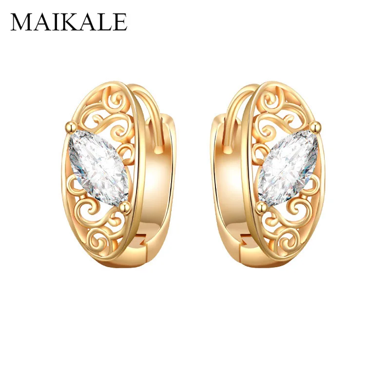 Женские серьги гвоздики MAIKALE овальные с фианитами и золотыми полыми