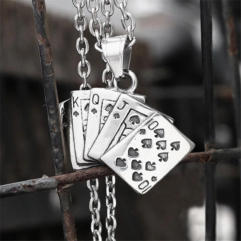 

Retro Punk Hip Hop Rock Creative Playing Card Straight Flush Men's Necklace Pendant Amulet Holiday Gift Party Jewelry Wholesale