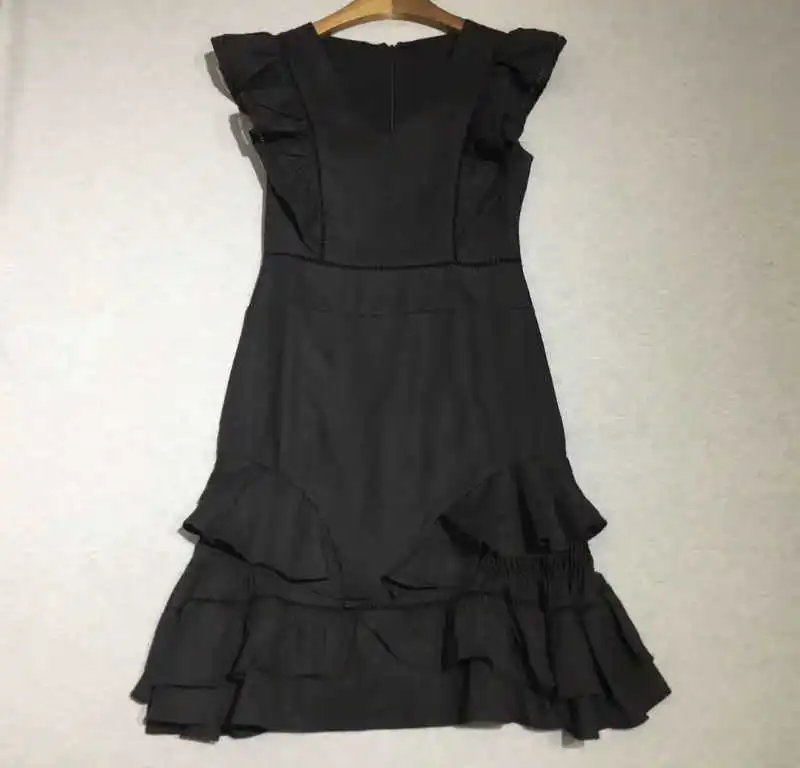 

White Solid Linen Mini Dress V-neck Short Sleeves with Ruffled Layered Hem with Ruffles Fashion Short Dress Woman 2021SS