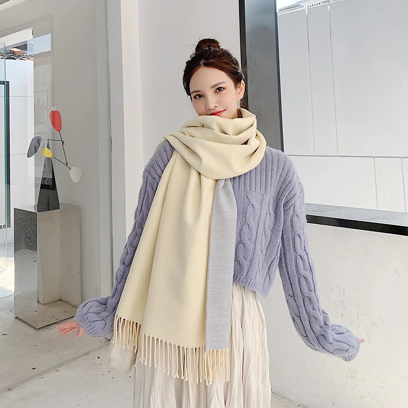 

New arrival fashion temperament ladies high quality knit comfortable warm thick women tassel double sides high quality scarf