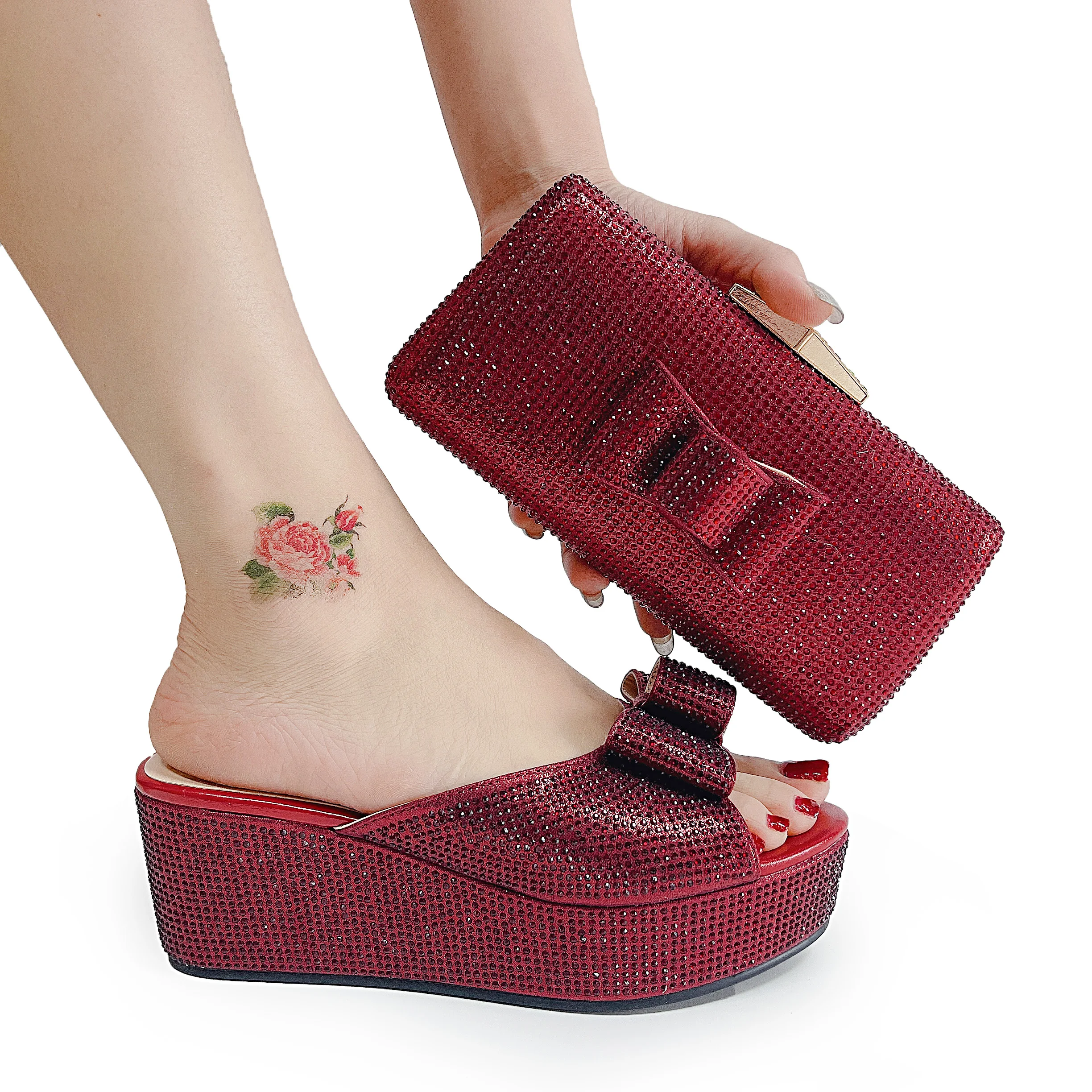 Italian Wedding Party Shoe with Bag Bow Decor Rhinestone Summer Wedge Shoe and Purse Luxury Golden Silde Shoe and Bag Set 178-11