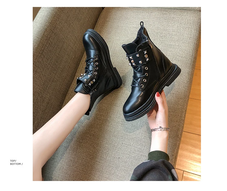 Women's Mid Calf Boots Rivets Shoes Low Heels booties Bootee Woman Booties Ladies Luxury Designer Round Toe Lace Up Rubber