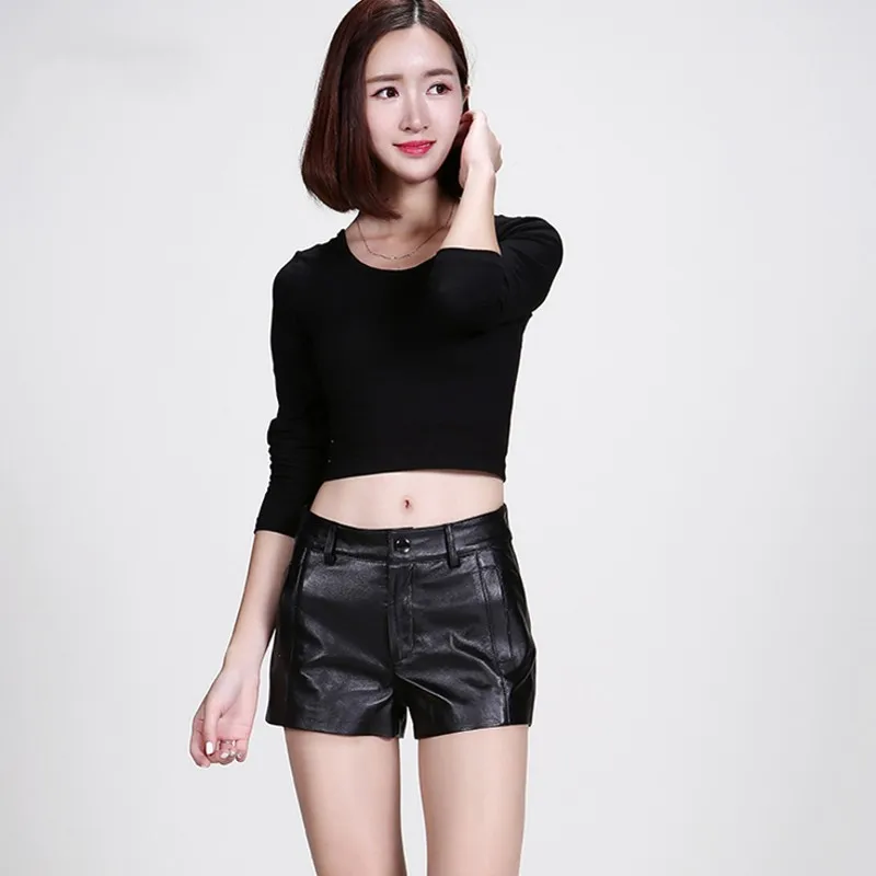 Korean Fashion Office Lady Print Floral Shorts Mid Waist Slim Fit Sheepskin Trouser Female Straight Autumn Real Leather Feminino