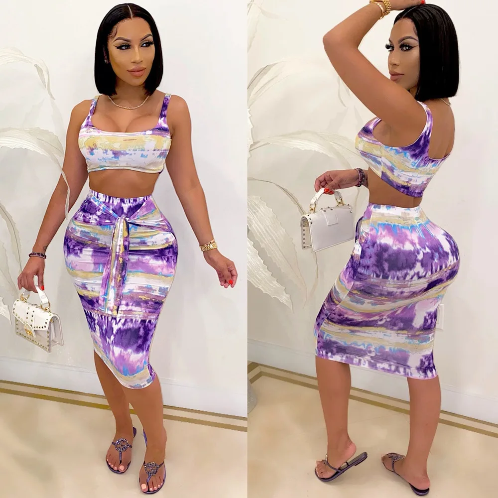 

Multicolor Tie Dye Print 2 Piece Skirts Sets Summer Clothes for Women Low Neck Sleeveless Crop Top and Mid Calf Sheath Skirts