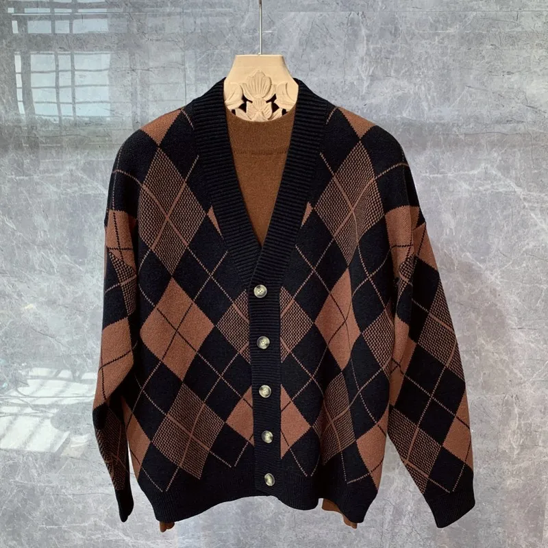

Winter Men Knitting Cardigan Sweater Plaid Single Breasted Sweater Mixed Color Thick Warm V-Neck Casual Knitted Jacket M-XL