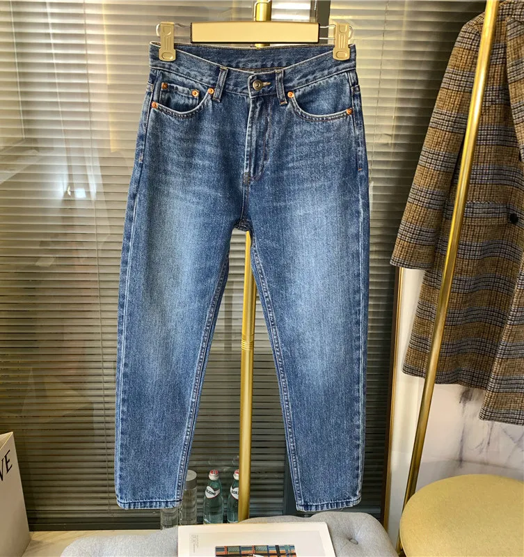 Женские джинсы скандинавские потертые синие с высокой талией | Женская одежда