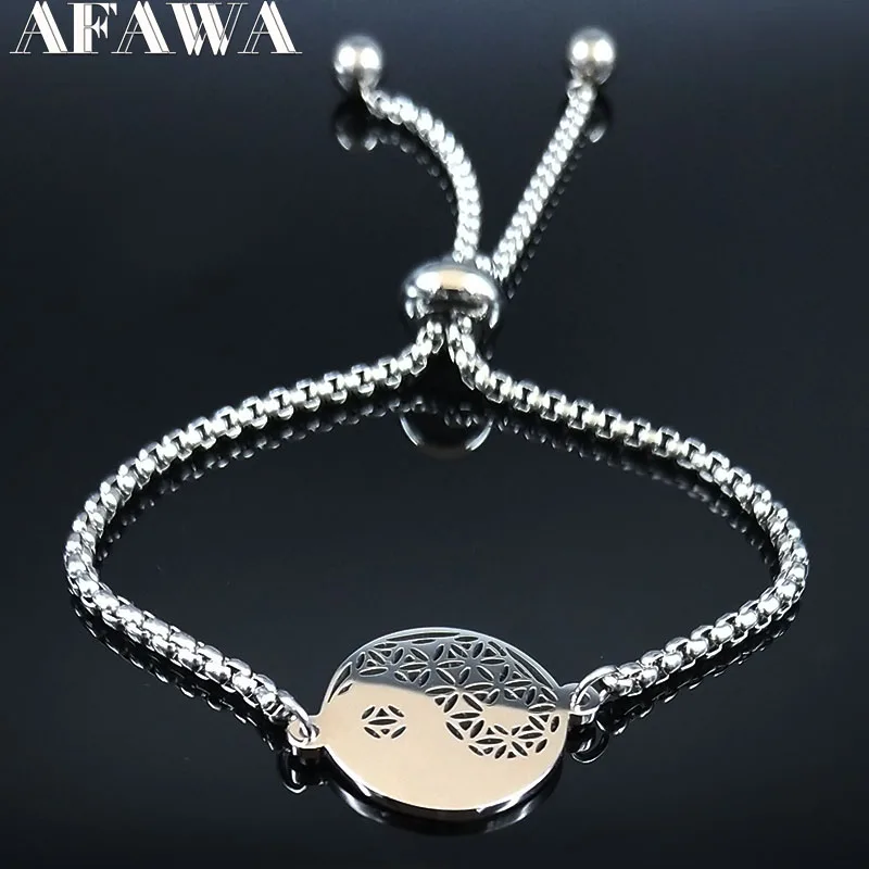 Женский браслет цепочка с цветком жизни Серебристый из нержавеющей стали B18598