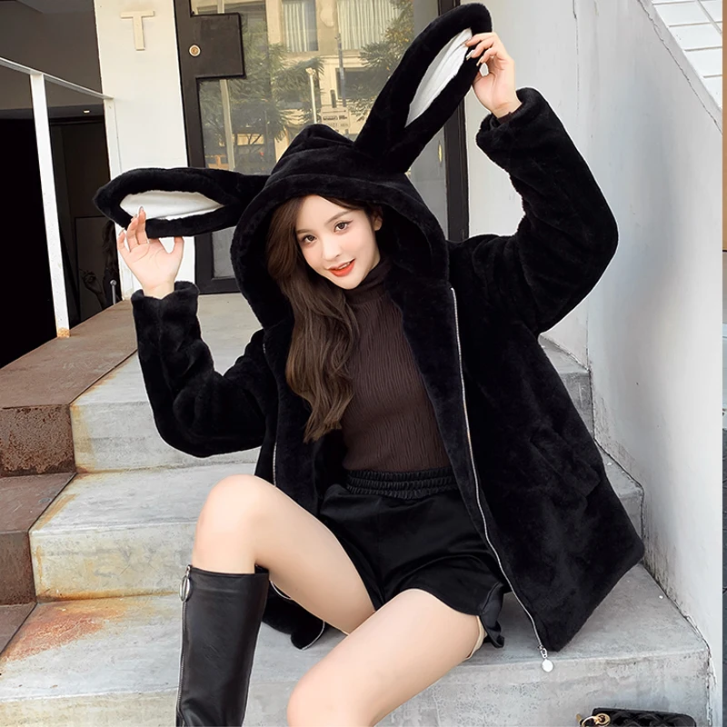 Sweet Cute Rabbit Ears Hooded Jacket Women Winter Furry Teddy Padded Zipper Lolita Coat Soft Faux Lambswool Cardigan Outerwear