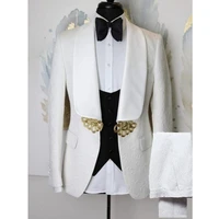 ivory floral pattern groom tuxedos for wedding 3 piece slim fit men suits shawl satin lapel male fashion blazer with pants