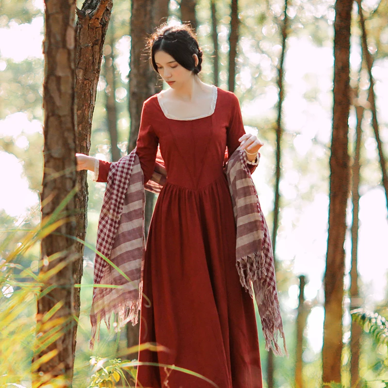 new fashion women's vestidos Vintage court suede long sleeve square collar red long dress travel