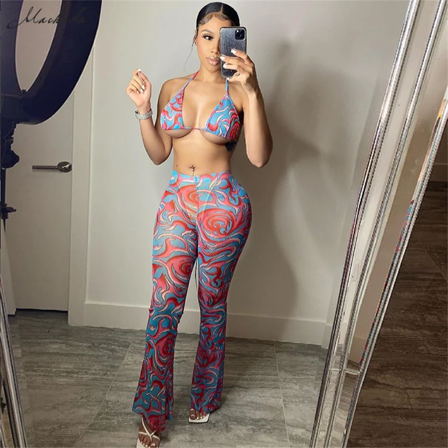 

Macheda Summer Sexy Mesh Trousers Two Pieces Set Women Fashion Slim Printing Sleeveless Crop Top And Mid Waist Flare Pants Sets