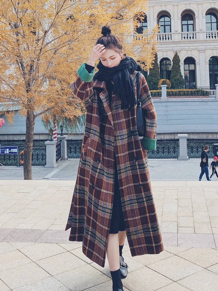 

Plaid Woolen Coat Women's Middle Long 2020 Winter New Korean Loose Hepburn Style Thickened Cotton Wool Coat Autumn Female