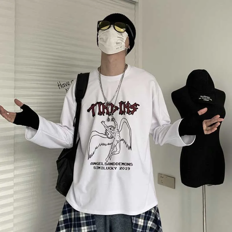 NiceMix весна корейский осень ulzzang Харадзюку улица хип-хоп Темный Ретро Ангел печать футболка ins модная свободная повседневная женская