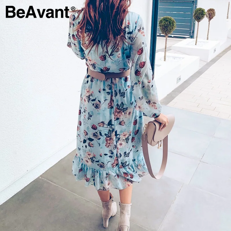 Женское платье с длинным рукавом BeAvant синее винтажное Бохо цветочным принтом и
