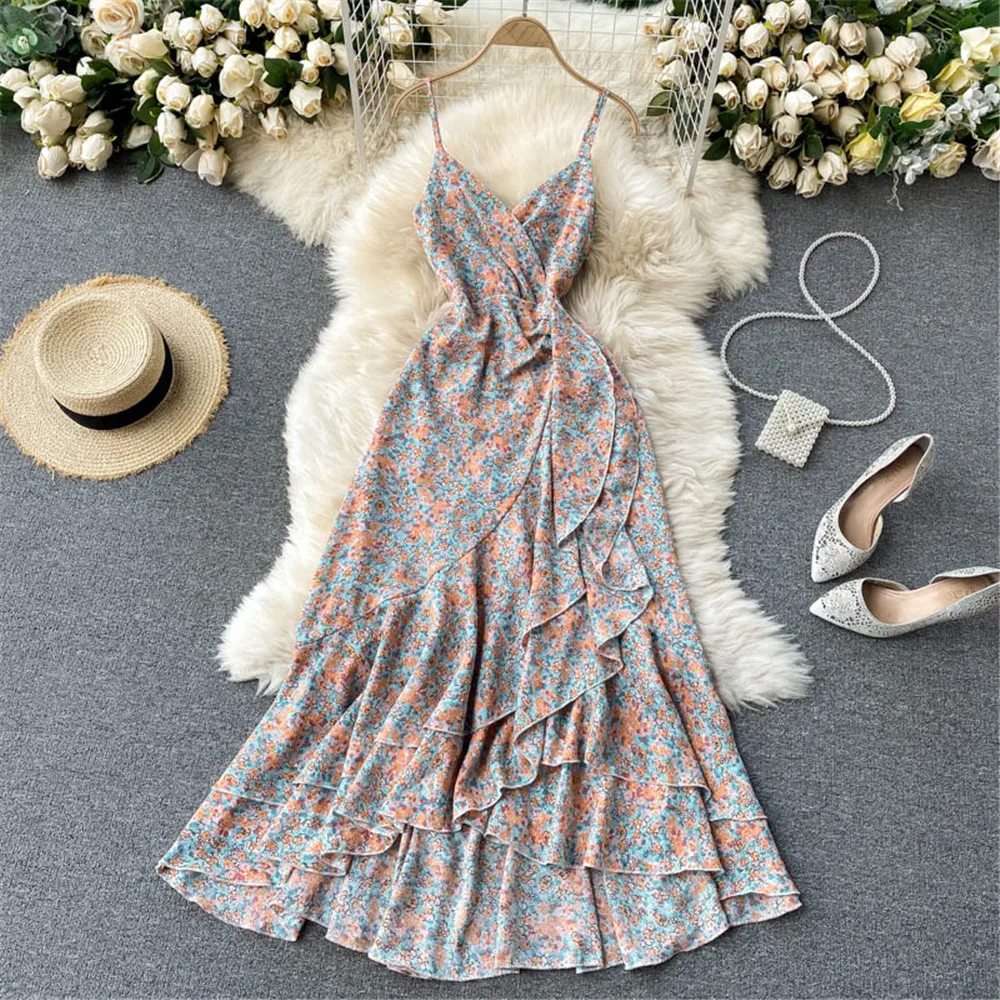 

French Holiday Beach Women Dress Elegant Floral Sweet Summer Fashion Dresses Female Irregular Ruffle Sundress 2021 Coisini