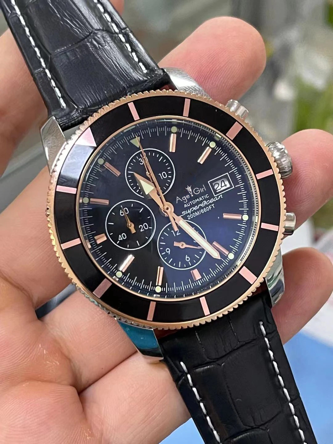 

Luxury Black Blue Brown Leather SuperOcean Rose Gold Mens Sapphire Ceramic Bezel Quartz Chronograph Stainless Steel Date Watches