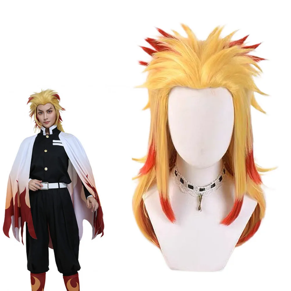 

Anime 47cm Demon Slayer Rengoku Kyoujurou Blonde Ombre Wig Cosplay Costume Men Women Heat Resistant Pontail Hair Wigs