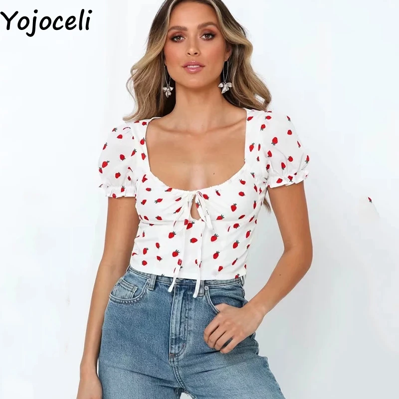 Сексуальная Женская блузка Yojoceli с принтом клубники летняя повседневная Пляжная