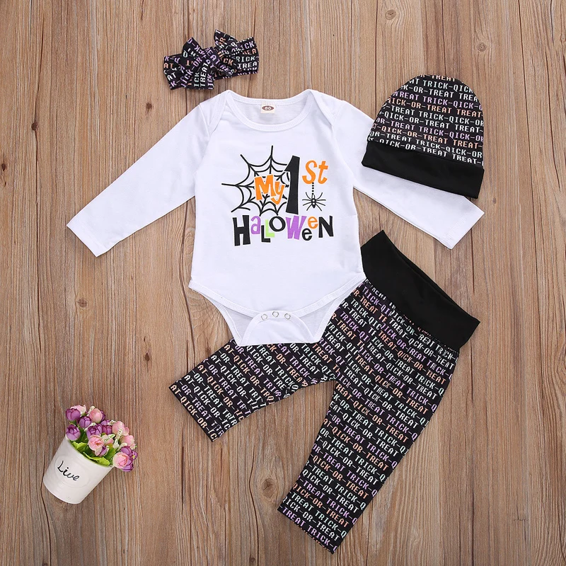 

0-18M Toddelr Baby Halloween Clothing Print Letter Romper Top Hat Pants 4Pcs Fashion Autumn Clothes For Boy Girl 6Colors