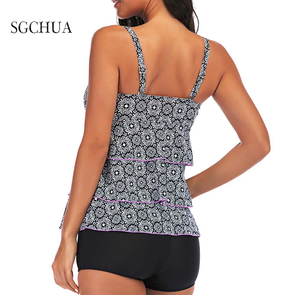 Large Size To 5XLSwimsuit With Flouce Two-Piece Suits Gray Flowers Purple LaceTop With Solid Black Short Tankini Swimsuits Women