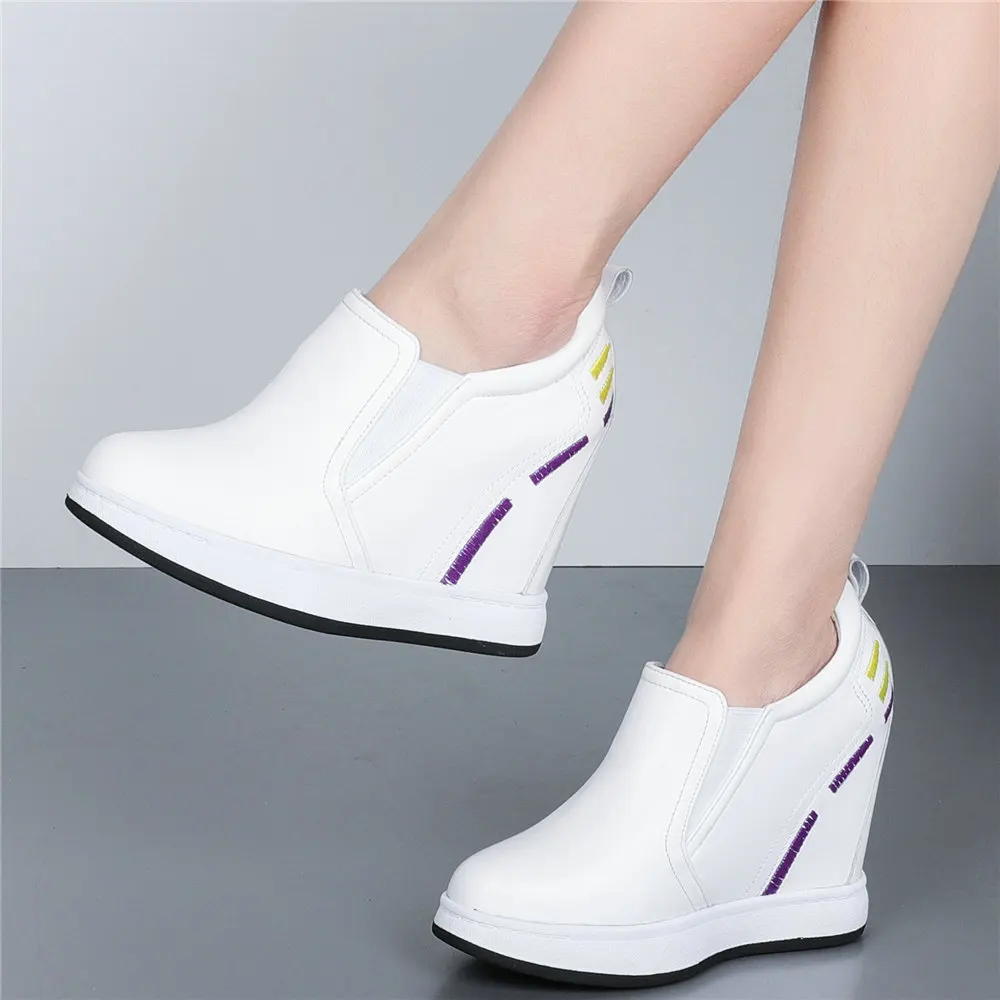 11cm High Heel Platform Oxfords Shoes Women Genuine Leather Wedges Ankle Boots Female Round Toe Fashion Sneakers Casual Shoes