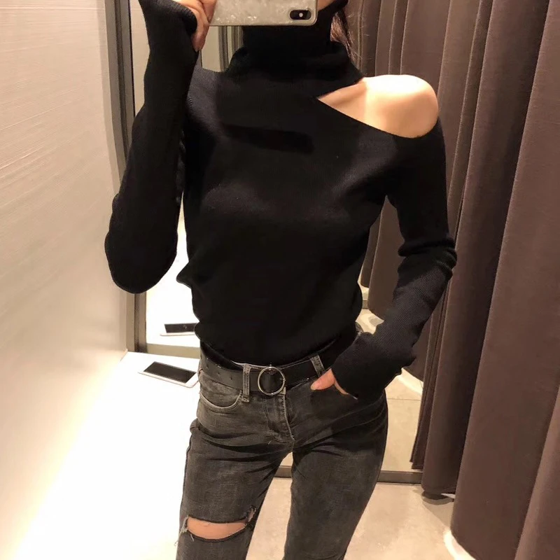 

Sexy Knitted Sweater Off Shoulder Pullovers Sweater for Women Long Sleeve Turtleneck Female Jumper Black White Clothing