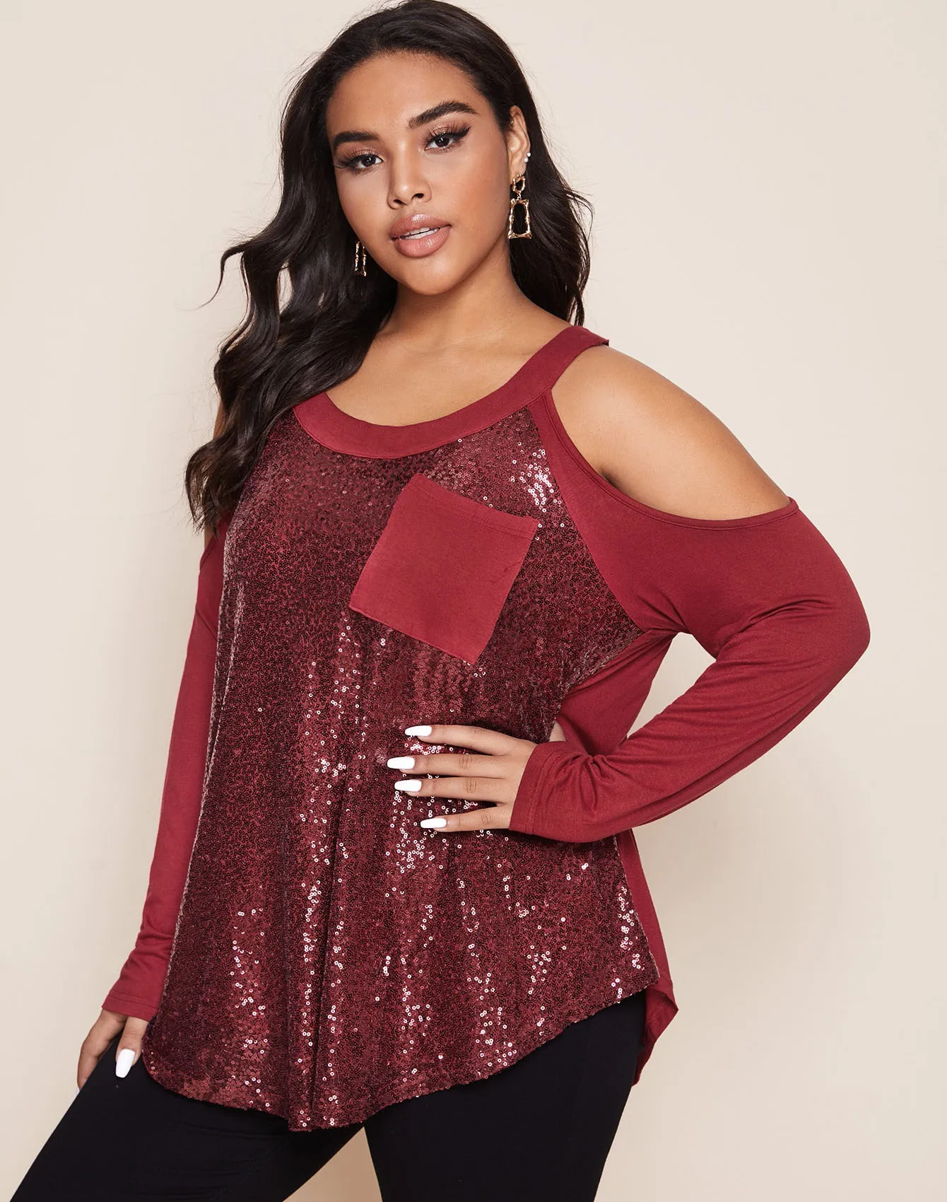 

2021 new women's bead embellishment sleeve long sleeve T-shirt