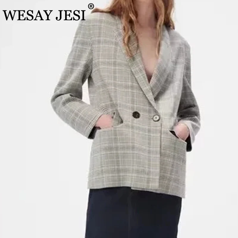 

WESAY JESI ZA 2021 Blazer Women Vintage Double Breasted Long Sleeve Top Female Outerwear Loose Suit Jacket Office Wear Chic Coat