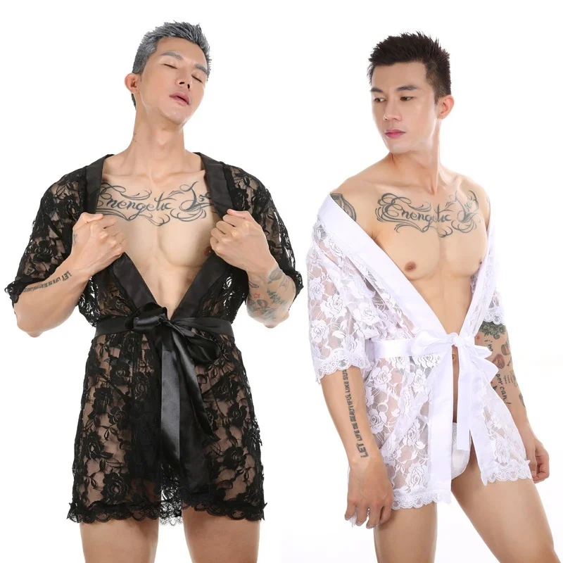 

Мужское кимоно, кружевной халат, ночная рубашка, длинная Мужская свободная Ночная сорочка, домашняя одежда, эротический костюм с Т-образной ...