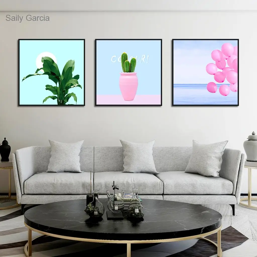 

Modern Nordic Style Canvas Painting Green Leaf Cactus Balloon Living Room Decorative Posters for Room Office Hotel Decor