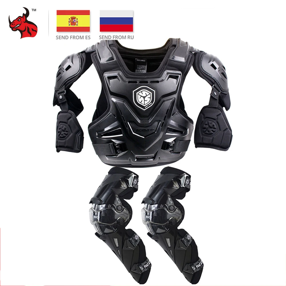 SCOYCO Motorcycle Jacket Body Armor Motocross Chest Back Protector Motocross Off-Road Racing Vest+Motorcycle Knee Protector