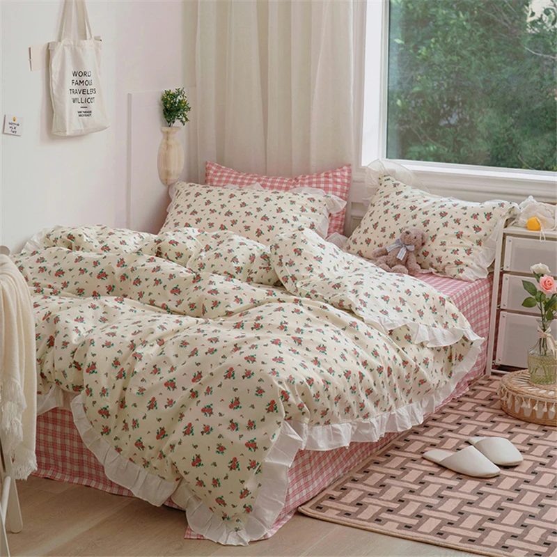 100% хлопок Розовый пододеяльник с принтом в виде сердца листьев лотоса |