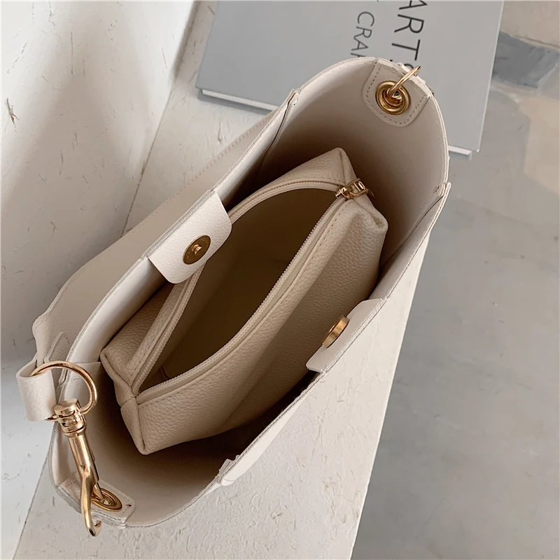 

Burminsa Korean Style Small Bucket Bags For Women Fashion Wide Strap Shoulder Bags Large Capacity Soft PU Leather Work Bags 2020