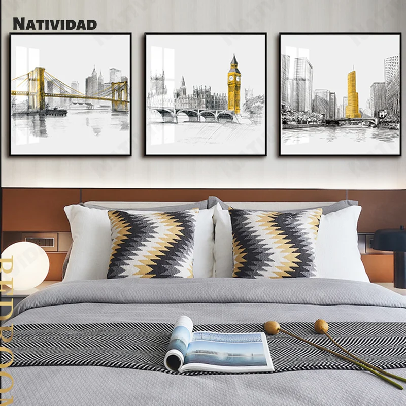 Городская архитектура эскизная карта печатный плакат простой желтый стиль