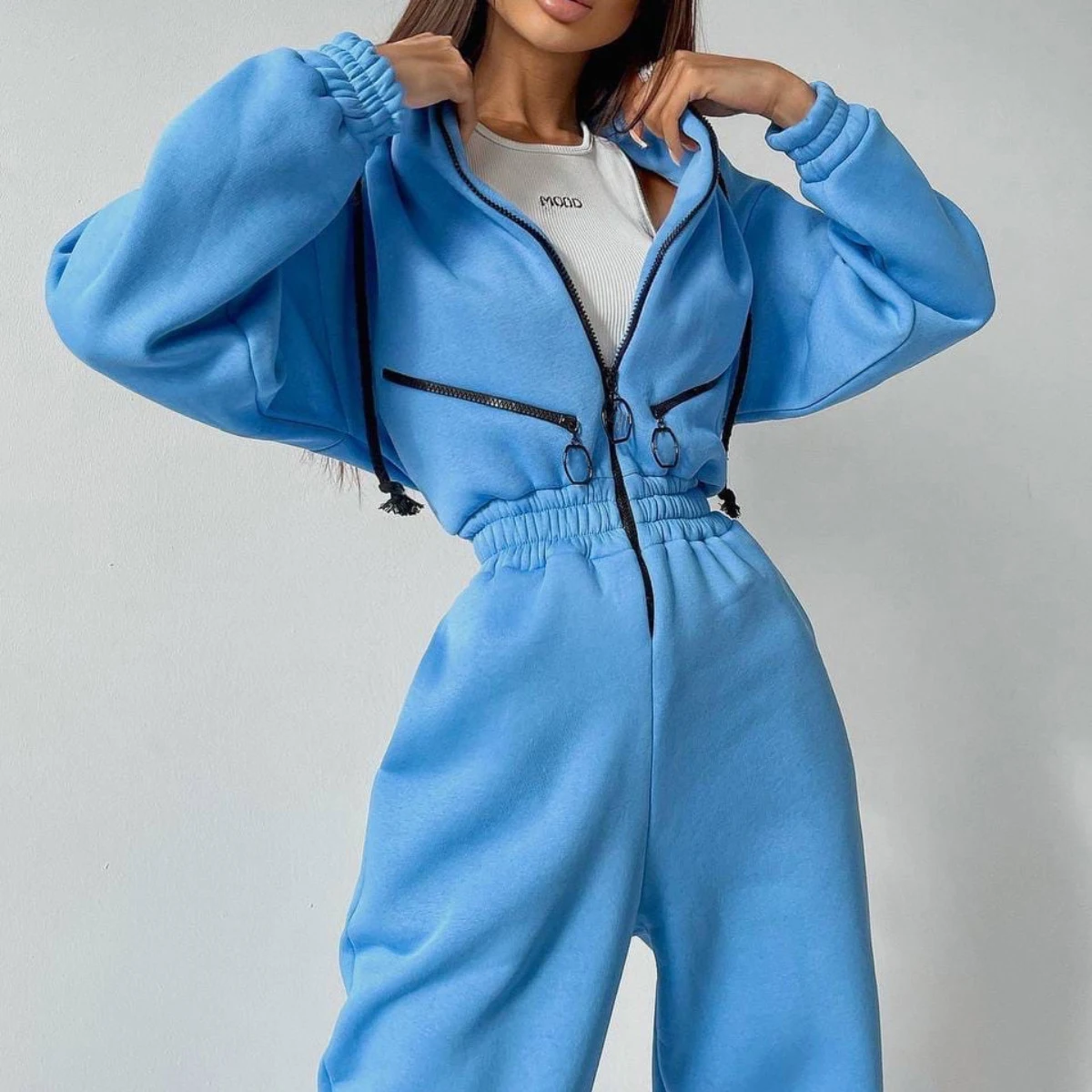 

2022Fleece Lined Hoodies Jumpsuit Women Elegant Zipper One Piece Outfit Long sleeve Overalls Winter Sportwear Rompers Tracksuits