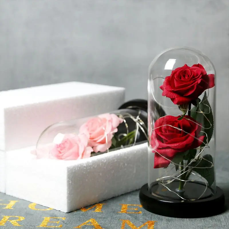 

Hot Romantic Gift For Women Valentine's Day Home Office Decor Double Rose Flower Light LED String In Glass Dome On Wooden Base