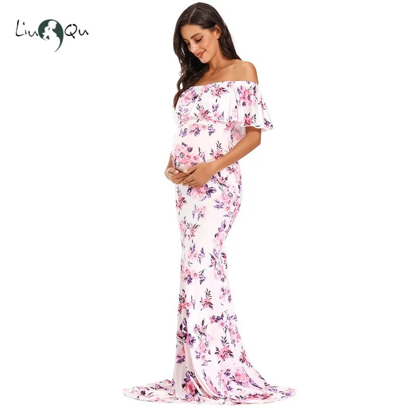 

Women Off Shoulder Ruffles Maternity Maxi Photography Dress for Photo Shoot Photo Props Dress Elegant Fitted Baby Shower