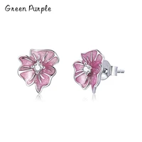 green purple genuine 100 925 sterling silver elegant enamel pink blooming blossom stud earrings for women wedding jewelry gift