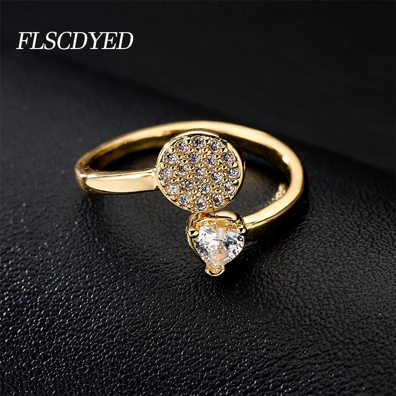 

FLSCDYED Shiny Love Heart Zircon Rings for Women Luxury Gold Geometry Engagement Wedding Opening Ring 2022 Trend Gift Jewelry
